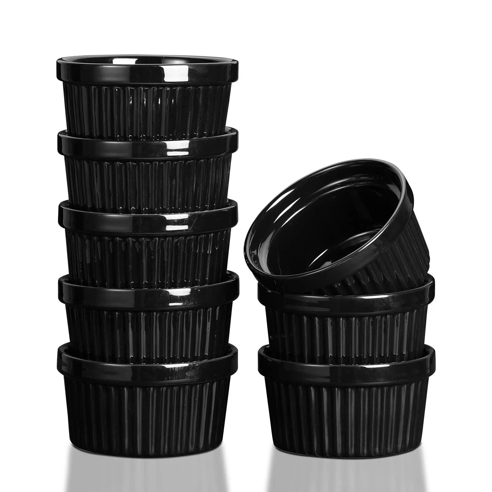 GARVEE Round 8 oz Porcelain Ramekins Set of 8, Stackable Serving Dishes for Souffle, Creme Brulee Baking, Black