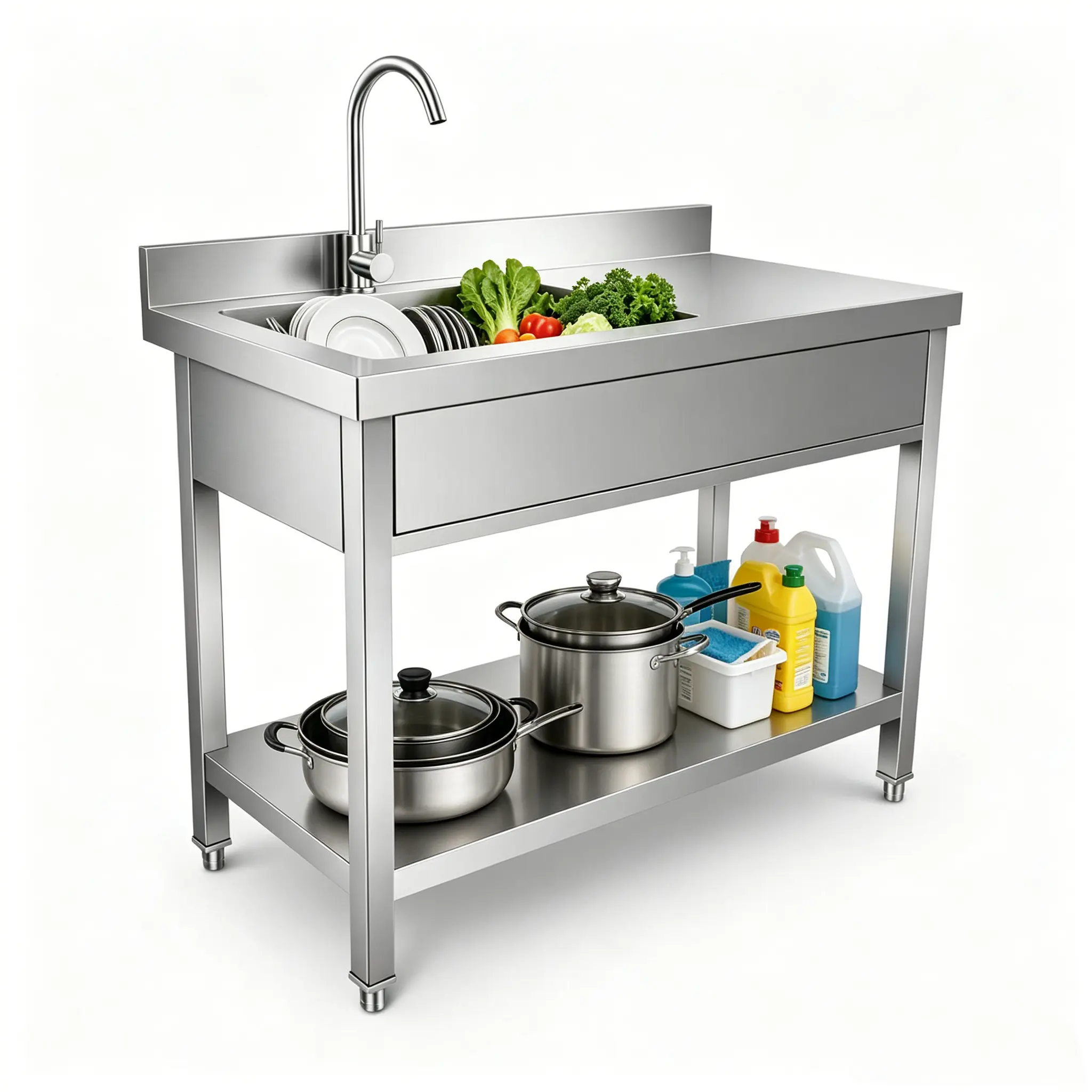 304 Stainless Steel Single Bowl Utility Sink Set, Commercial Restaurant Kitchen Sink, Outdoor Sink with Workbench & Storage Shelve with Hot and Cold Water Pipes (39.37 in)