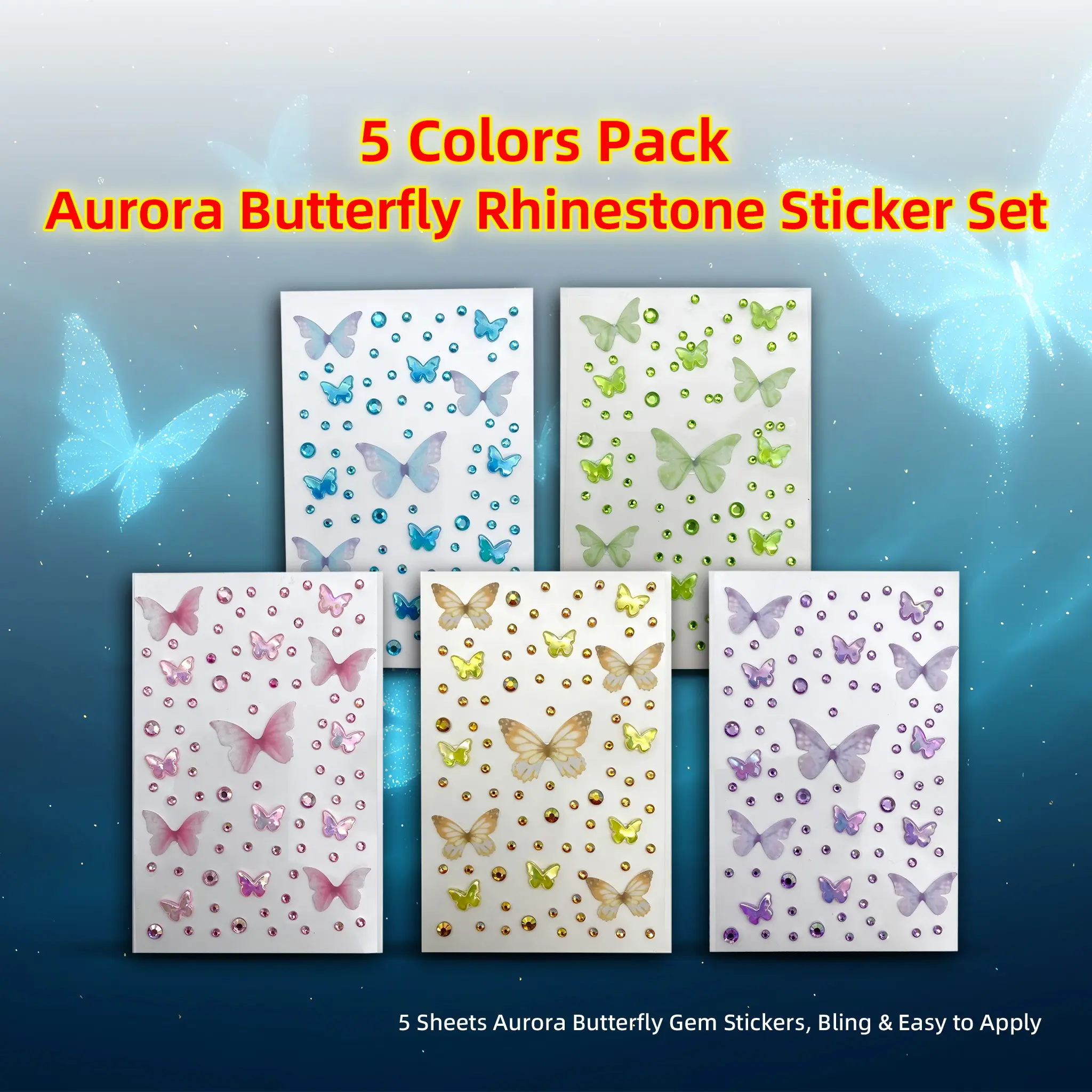 5pcs Aurora Butterfly 3D Rhinestone Stickers Set, Shiny Gem Decals for Face Makeup, DIY Phone Case Accessories, Craft Supplies & Gifts, Glossy Stickers