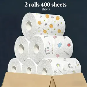 Washable Thick Kitchen Paper Towels Reusable 2 Rolls 400 Sheets Absorbant Non Stick Oil Absorbant Roll Paper Universal Durable Home Car Living Room Bathroom Essentials Cleaning Supplies Fragrance Free Home