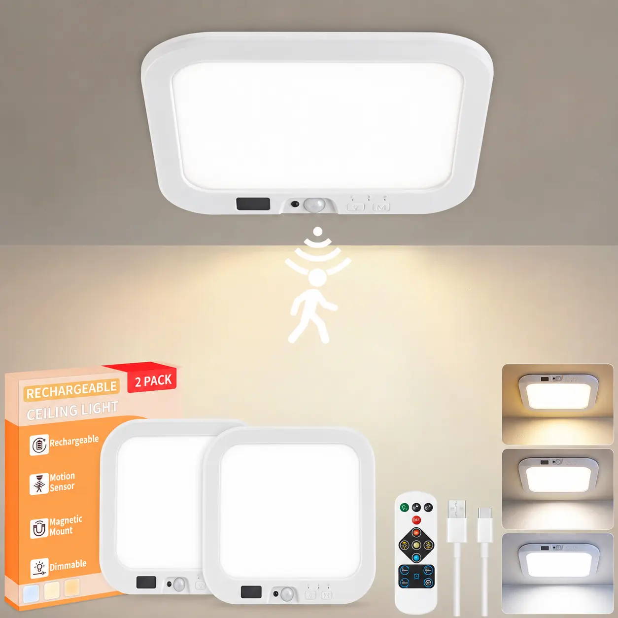 GIVRYES 2-Pack Rechargeable LED Ceiling Lights, 3 Color Modes, Motion Sensor with Remote, Wireless Magnetic Battery-Operated, Charging Port, Lights for Bedroom, Closet, Porch,home decor