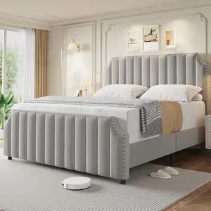 King Size Platform Bed Frame with 50.2" Tall Headboard, Velvet Upholstered Bed Frame King with Vertical Channel Tufted Headboard & Footboard, Nailhead Trim, No Box Spring Needed
