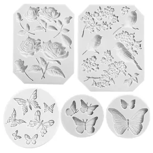 5-Pack Shaped Silicone Reusable Mold - Butterfly, Rose Flower Stems, Bird Blossoms Designs for Cake Decoration, Chocolate Making, DIY Crafts (Home & Cake Decoration Supplies)
