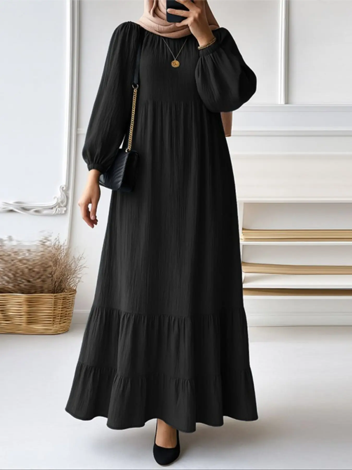 Women's Round Neck Long Sleeve Solid Color Lantern Sleeves Pleated Hem Maxi Dress, Modest Style Dress, Elegant Casual Fashion for All Seasons, Long Sleeve Dresses, Classy Modest Dresses