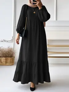Women's Round Neck Long Sleeve Solid Color Lantern Sleeves Pleated Hem Maxi Dress, Modest Style Dress, Elegant Casual Fashion for All Seasons