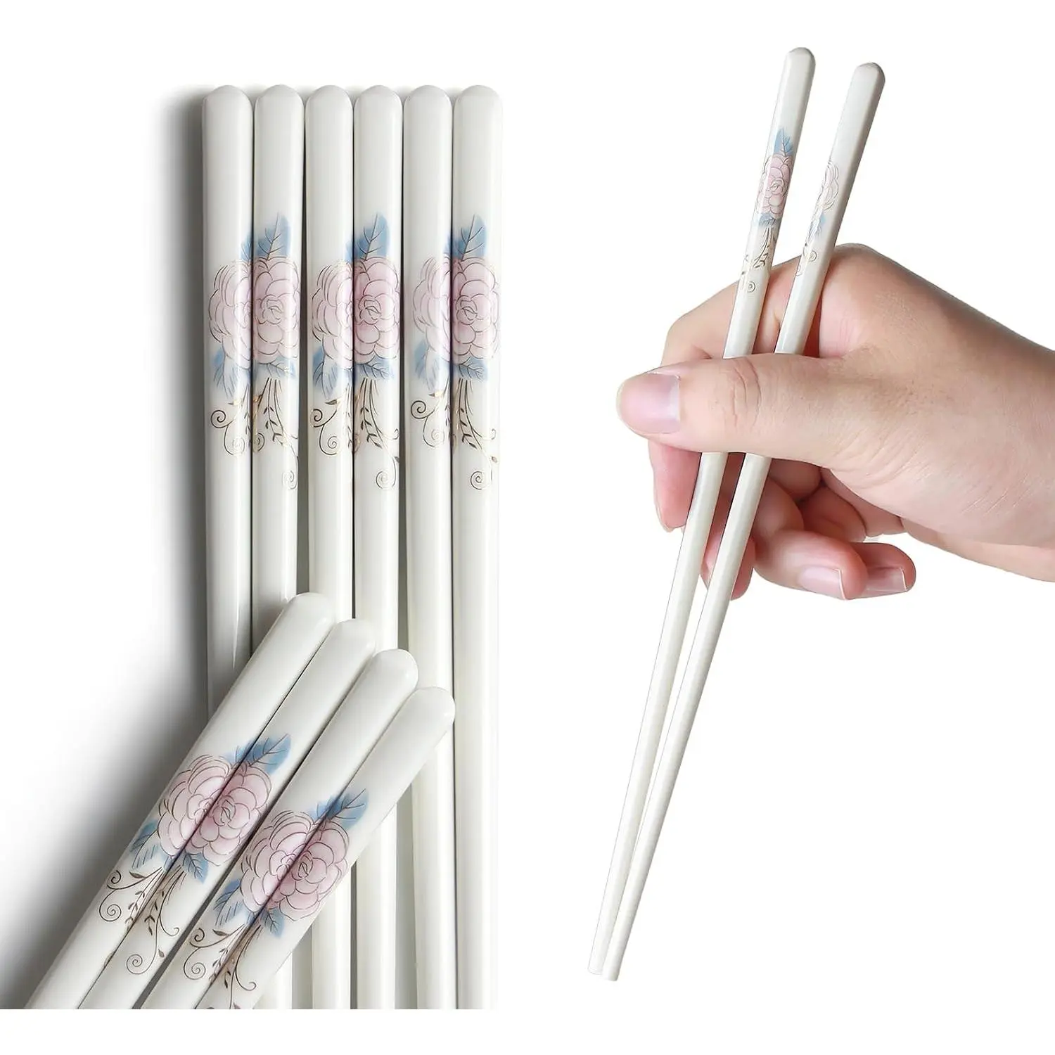 5-Pair Classic Ceramic Bone China Chopsticks, 9.5 In Traditional Shape Chinese Cutlery with Flower Motifs, Reusable, Dishwasher Safe Home & Festive Party Supplies