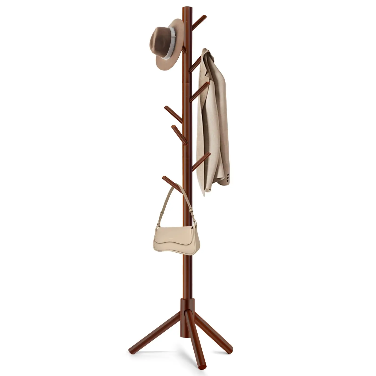 Sturdy Solid Wood Floor Coat Rack with Triangular Base, 8 Hooks (6.6lb per Hook), 3 Adjustable Sizes, 18.5"x18.5" Clothing Storage, 53lb Capacity for Bedroom, Office Coat Holding Hats, Scarves, Bags