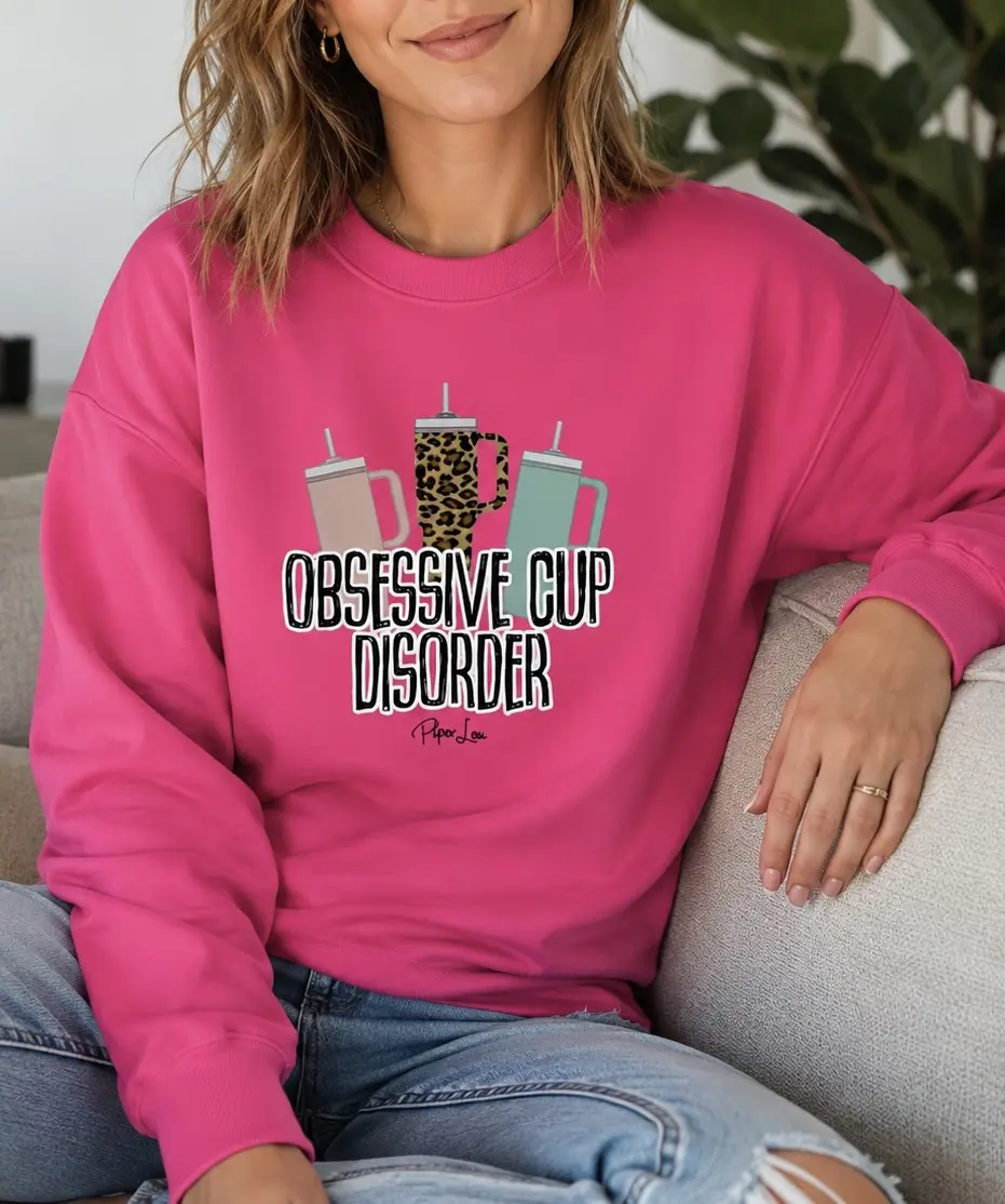 Women's Fit Casual Crew Neck Graphic Polyester Sweatshirt - Polyester-Spandex Yarn Fabric Top with Obsessive Cup Disorder Print for Athletic, Everyday Wear, Sweater