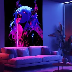 darkness |         Anime Design Neon Tapestry Mysterious Pink Demon Pattern Black Light Aesthetic Room Decoration Party Abstract Theme UV Reactive Wall Tapestry Vibrant Colorful Glowing Wall Hanging Surreal Ideal Holiday Gift for Friends 60X 40