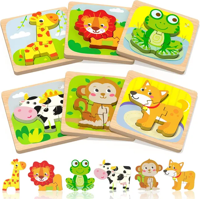 6-Piece Chunky Wooden Animal Puzzle Set with Wooden Finish, Unisex Toddler Toys, Montessori Educational Matching Toys for Ages 1-3 Preschoolers