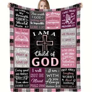 1Pc Christian Inspirational Quotes Knitted Throw Blanket, Soft Comfort Polyester, Digitally Printed, Contemporary Style, All Seasons Religious Scripture Design Blanket For Couch, Travel, Gift