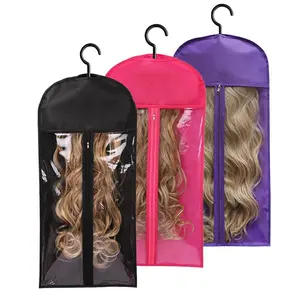3pcs Wig Storage Bag with Hook and Zipper, Transparent Dustproof Wig Storage Bag and Hanger, Hair Extension Holder Wig Bag, Wigs Accessories for Salon & Home Use