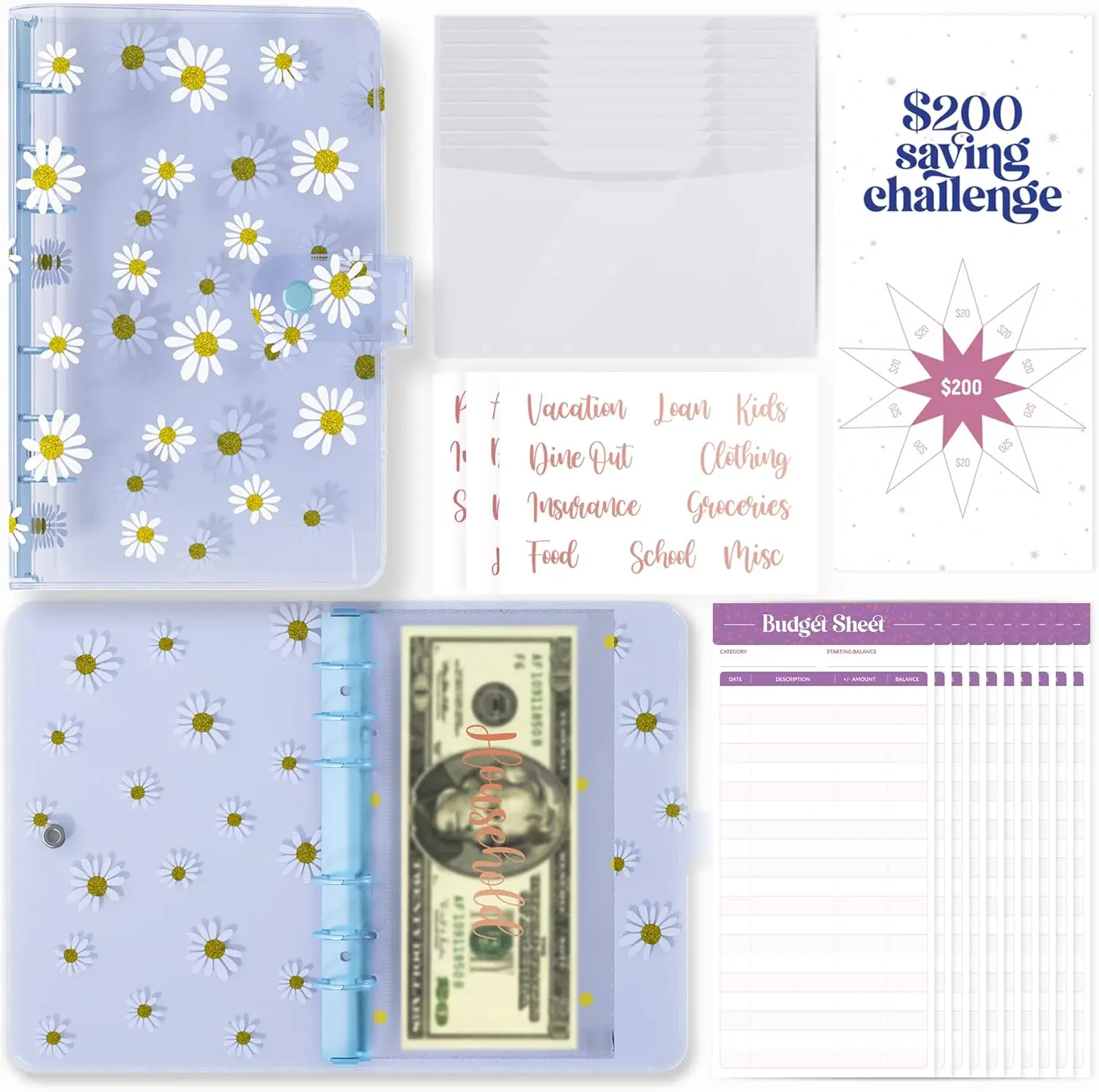 PVC A6 Budget Binder with Cash Envelopes for Budgeting - Cute Daisy Blue Money Organizer for Cash Budget Binder, Clear Budgeting Planner Money Savings binder, Savings Challenges book