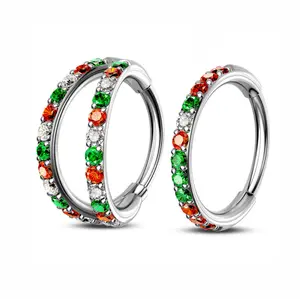 Oufer 20G/18G Christmas Color Combo Nose Hoop with Red & Green CZ Stones 316L Stainless Steel Non Tarnish Hinged Segment Hoop for Cartilage Piercing