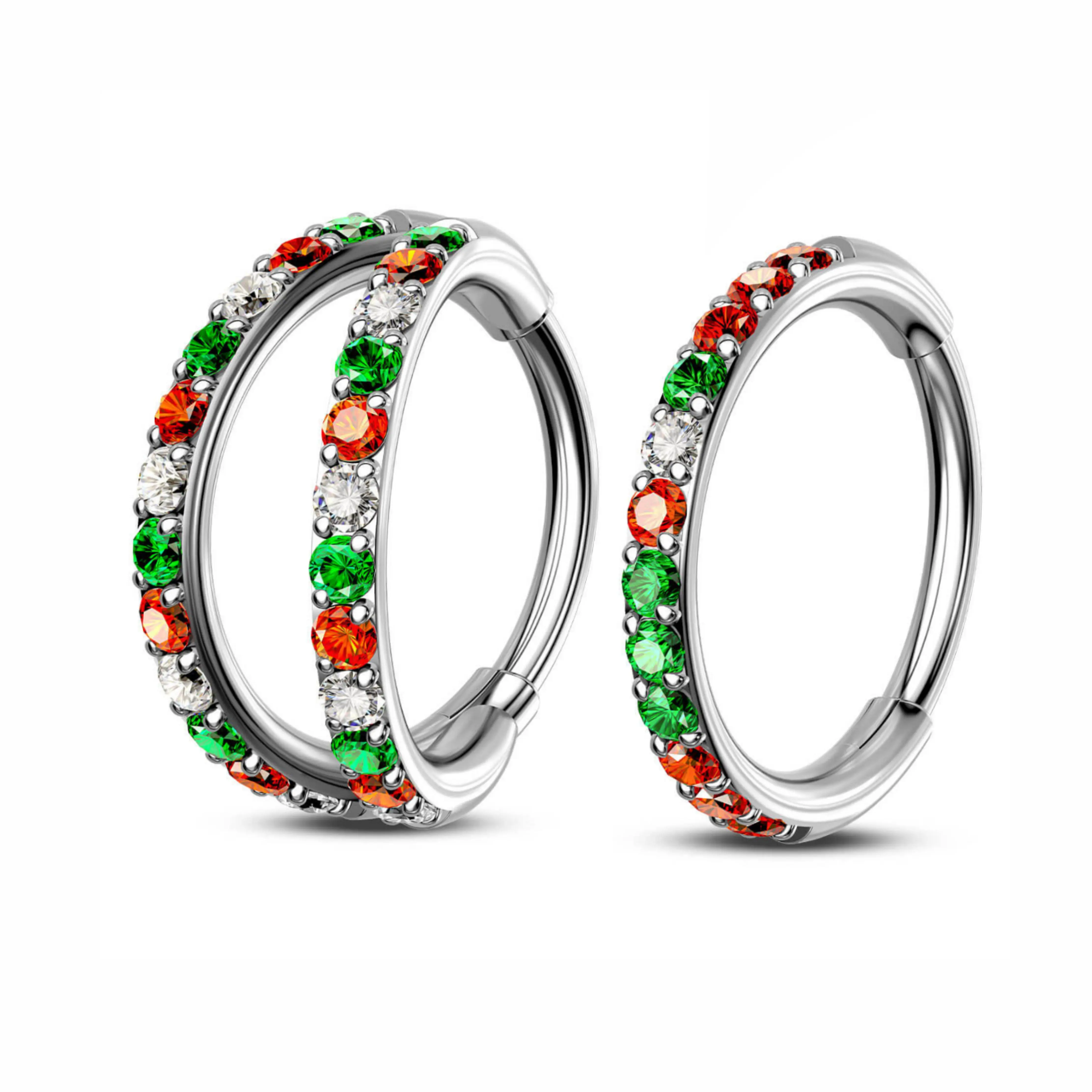 Oufer 20G/18G Christmas Color Combo Nose Hoop with Red & Green CZ Stones 316L Stainless Steel Non Tarnish Hinged Segment Hoop for Cartilage Piercing