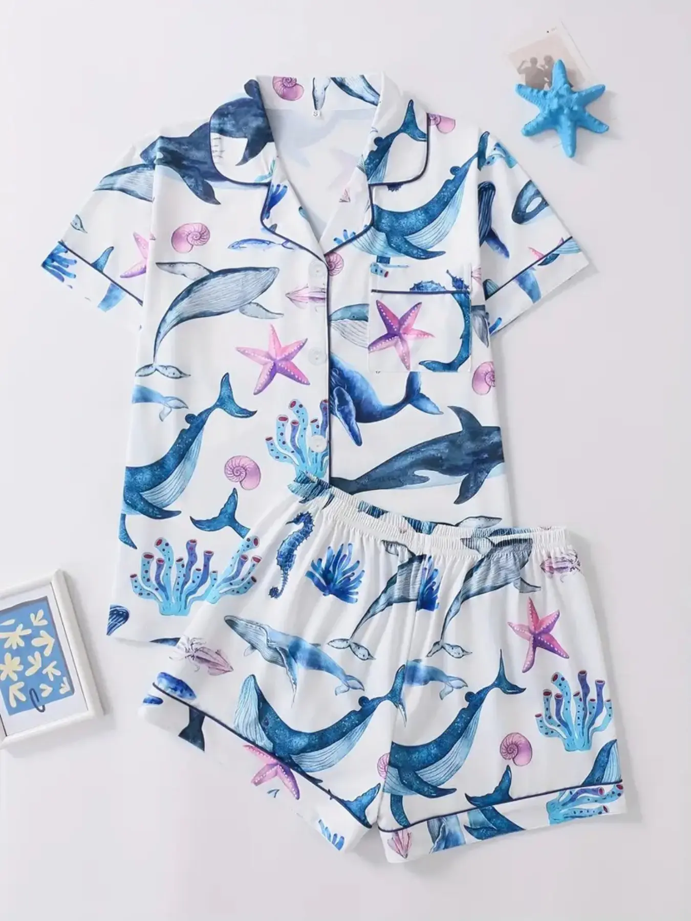 Women's Casual Sleepwear Set, Pajama Set, Pjs, Whale Pattern, Lapel Design, Front Button Short Sleeve, Comfortable Home Wear for Daily Use