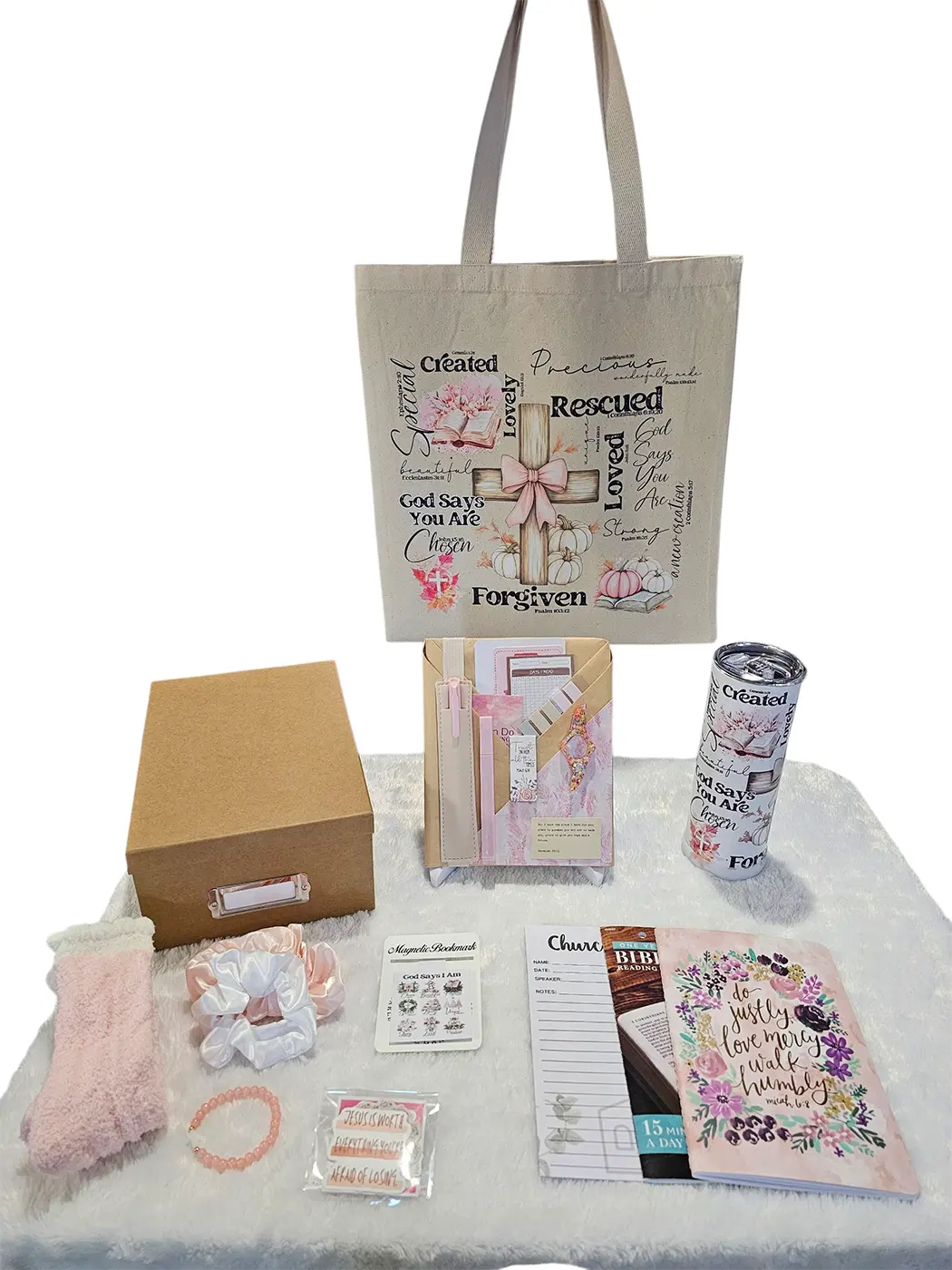 God Says I Am Women's Devotional Spiritual Gift Set - 20oz Stainless Steel Tumbler, Socks, Hair Goods, 5-Pc Stickers, Matching Magnetic Bookmark (For Prayer Journal/Bible Study), Party Goodie Bag, Spiritual Gifts