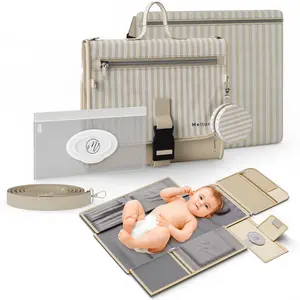 Mellories Portable Diaper Changing Pad - Large, Waterproof Travel Changing Pad for Baby with Extra Storage, Wipes Pocket & Pacifier Case - Portable Diaper Changing Station - Beige Striped