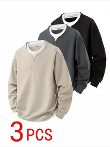 3PCS Waffle long-sleeved T-shirts for men, with a layered design, notched V-neck and ribbed cuffs. Two pieces of patchwork round-neck sweatshirts for men, a loose and versatile casual pullover for autumn. One piece of stretchable fabric. One