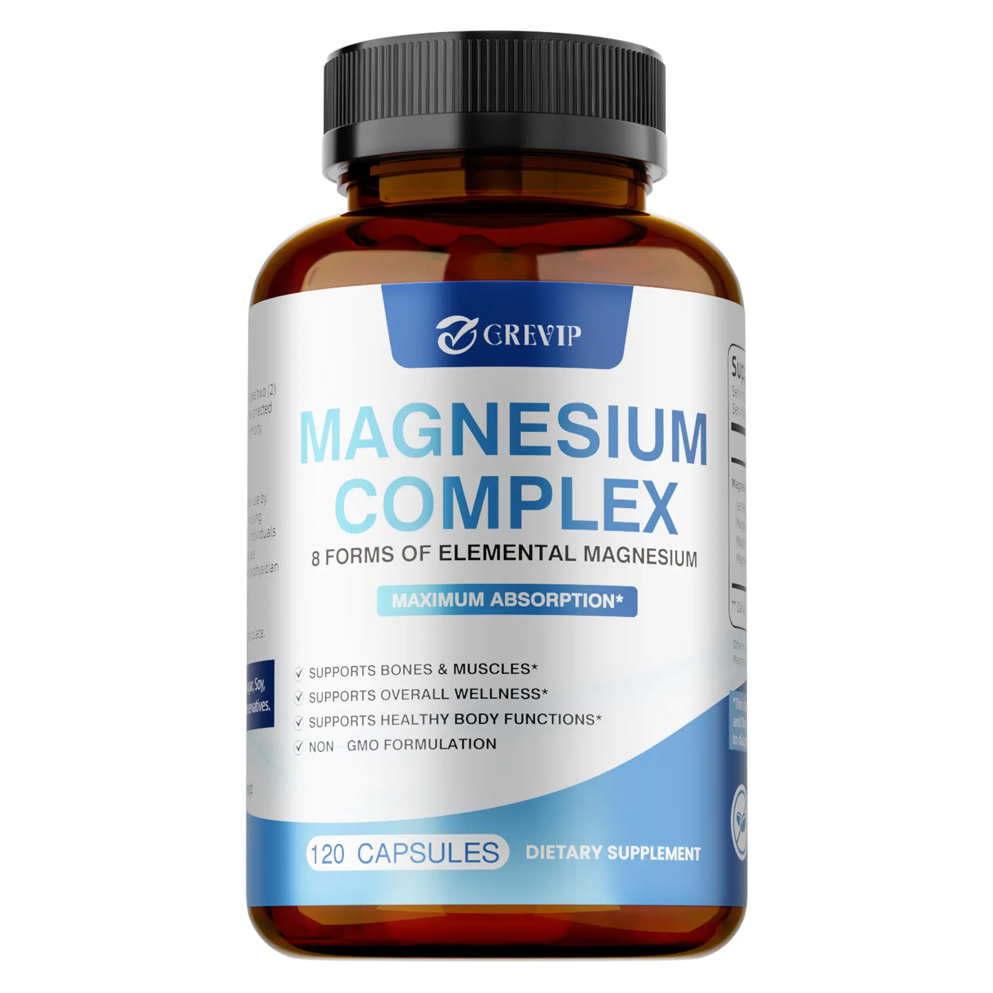 GREVIP Natural Dietary Magnesium Complex Supplement - 8 Magnesium Elements, Gentle Glycine Mix, Highly Absorbable, Allergen-Free (Sugar,Dairy,GMO), Hypoallergenic, Bone Support, Muscle & Bodily Function Support - 120 Capsules/Multiple Bottles