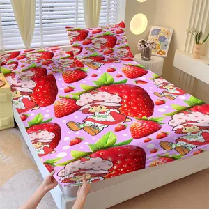 Anime Strawberry Girl Fitted Sheet Set, 1 Fitted Sheet + 2 Pillowcases - 3 Pcs Soft Breathable Bedding with Deep Pocket, 360° All-Round Wrap, Wrinkle Resistant, Cute Strawberry & Cat Cartoon Bed Sheets for Girls, Full Size