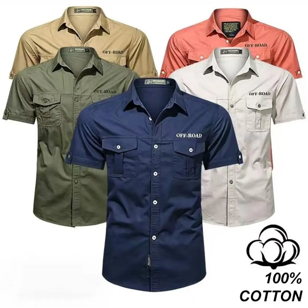 SummerVibes summer new men's short sleeved shirt outdoor casual versatile workwear multi pocket shirt Men's short sleeved lapel workwear shirt with button down casual pocket design, workwear, suitable for outdoor use