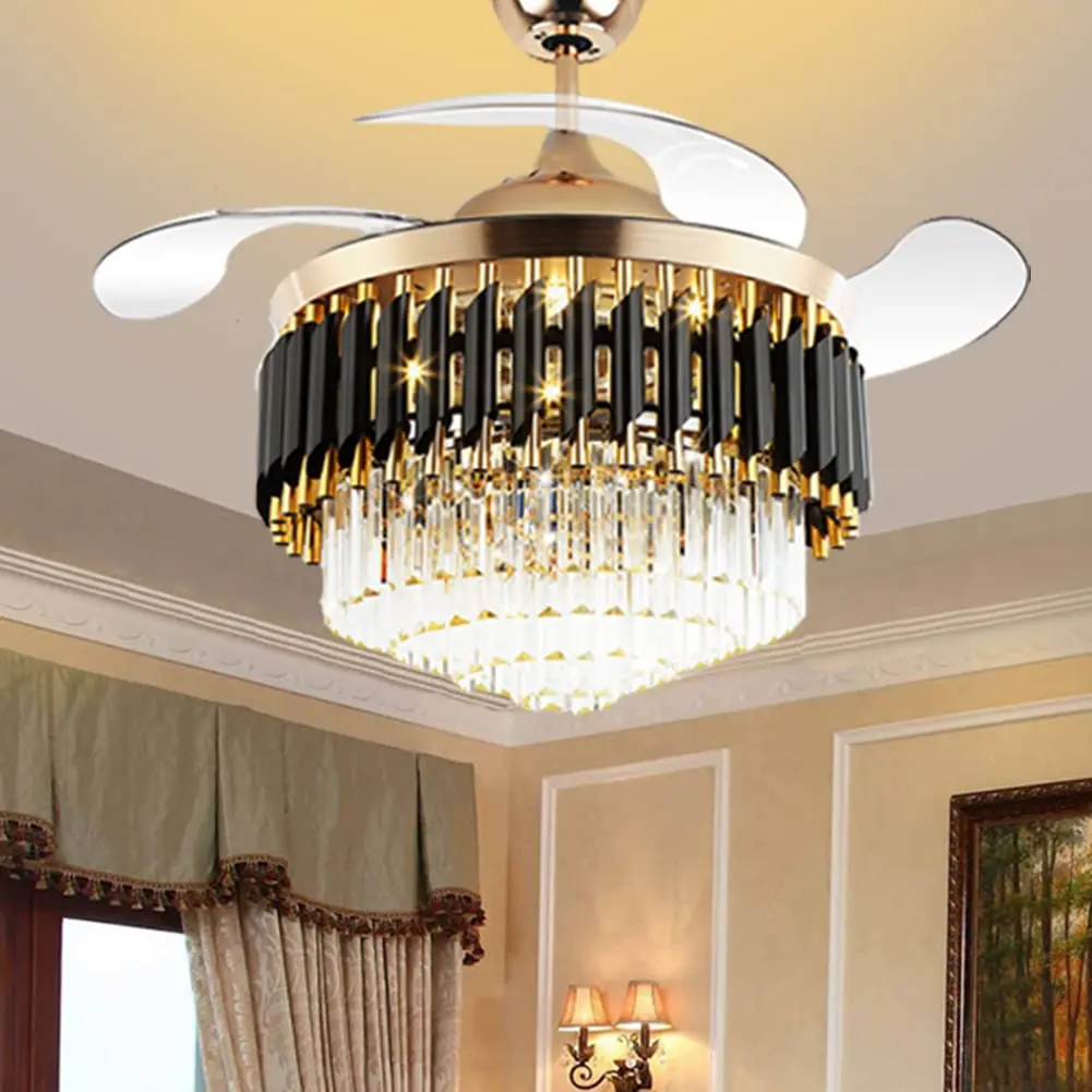 CNCEST 42-in Luxury Retractable Crystal LED Ceiling Fan Light, Metal-Body Fandelier Chandelier with Remote Control, Adjustable Brightness, LED Ambient Lighting, Modern Mood Lighting for Bedroom, Living Room, Led Lights Bedroom, Fan Light Ceiling