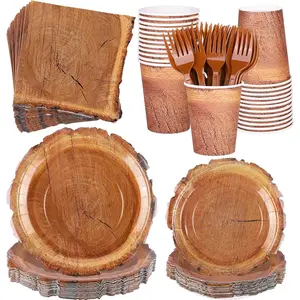 Disposable 144-Piece Wood Grain Slice Camping Tableware Set - Paper Plates, Napkins, Cups, Forks - Serves 24 for Forest Themed Parties, Hunting Birthdays, Rustic Party Decor