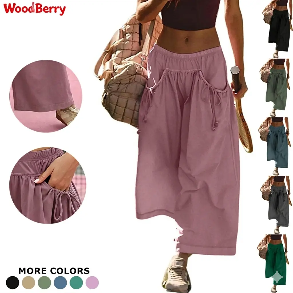 WoodBerry Women's Baggy Parachute Capri Pants with Drawstring Waist and Pockets, Lightweight Wide-Leg Trousers for Casual Outdoors,back to school shopping, Casual Fashion Trousers