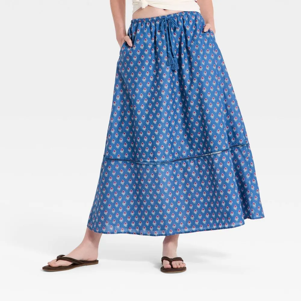 Universal Thread Women's High Rise Cotton Full Maxi Skirt - Blue Floral