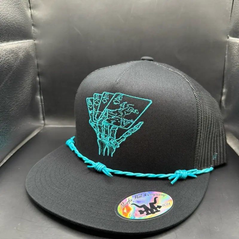 Dead Man's Hand Poker Card Gambler Snapback Hat with Turquoise Rope Detail / Marfa Hat Company