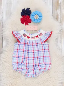 Flag Parade Plaid Flutter Smocked Bubble Romper