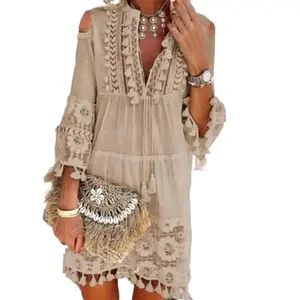 New Spring Embroidered Crochet Lace Bohemian Dress - Elegant Off Shoulder Tassel Ruffle Mini Dress, V-neck Summer Beach Dress, Suitable for Women's Casual Women's WearRAIMENTRY