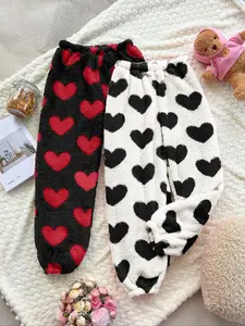 Women's Two-Piece Plush Heart Pattern Print Loose Fit Pajama Pants Set, Casual Fall & Winter Home Wear, Loungewear, Warm and Cozy Sleepwear