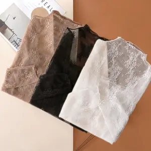 3PCS Black White Coffee Buauty Mesh Long Sleeve Top for Women, Lace Sheer Tops See Through Mock Neck Floral Embroidery Sheer Blouce Fishnet Shirt