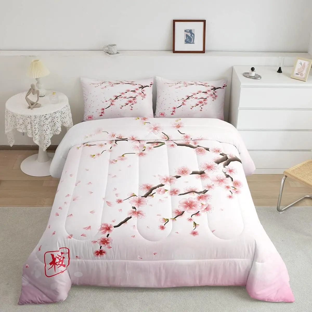 Feelyou Pink Cherry Blossom Duvet Set - Japanese Romantic Theme Floral Bedding, Couple-Focused Soft Quilt Comforter, Bedroom Decorative Linens Set