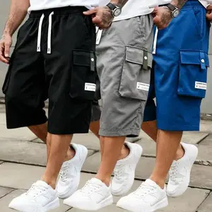 Men's practical summer cargo shorts - elastic drawstring waistband, multi-pocket simple cargo design with letter patchwork, regular fit mid-waist non-stretch fabric, suitable for daily wear and leisure activities, non-transparent fabric, men's style, mini