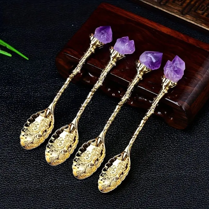 4/7pcs natural amethyst flower top mini spoons, multi metal handle vintage carved dessert tea scoops, hand polished raw crystal decorative tableware, boho home kitchen table ornament, practical daily drink ice cream mixing spoon gift set
