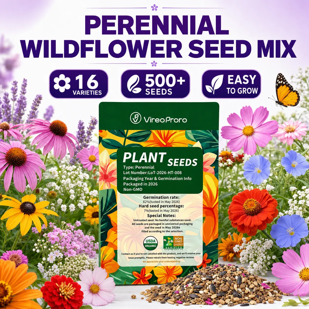 Wildflower Seeds Mix - 500+ Seeds, 16-Variety Annual & Perennial Pollinator Mix for Outdoor Garden Full Sun Plants, Perennial Flowers to Boost Natural Beauty in Flower Garden, Seed Mix