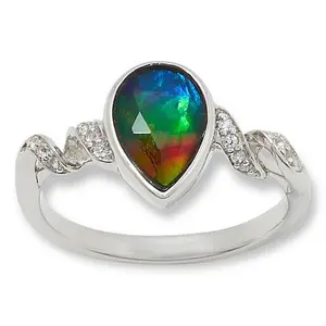 Canadian Ammolite Gems by Kenneth Bradley Pear-Shape Ammolite and White Topaz Ring