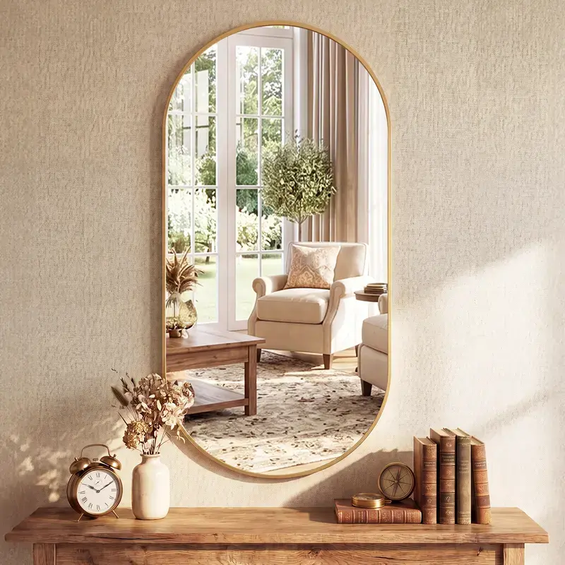 Oval Bathroom Vanity Mirror 20x30 24x36 24x48 Inch, Over Sink Wall Mirror, Metal Frame, Tempered Glass, Horizontal or Vertical, Black & Gold