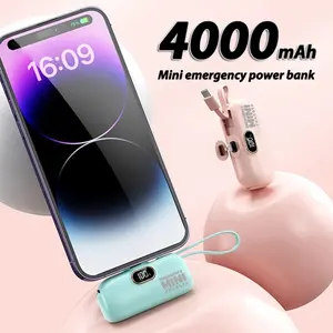 4000mah Mini Capsule Power Bank with Dual Head Charging Cable (Type-C+iPhone), Smart Digital Display, Portable Lipstick Size Design