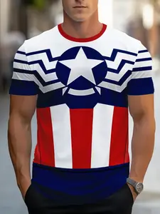 Captain America Theme Fitness Tight Fit Top, 3D Print Muscle Texture Design, Unisex Sports Casual Wear, All Seasons Essential, Gym T Shirts