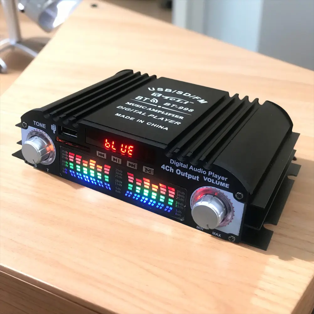 1600W Peak Power Digital 4-Channel HIFI Home Amplifier - Aluminum Alloy Shell Car & Home Audio Amplifier with Bluetooth, FM Radio, USB, Remote Control, Karaoke, Smartphone Compatibility