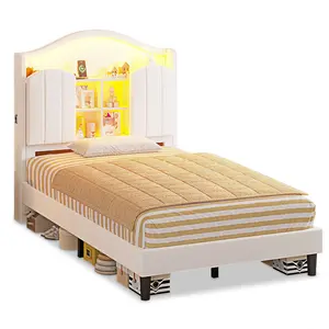 Twin Size LED Bed Frame with Charging Station and Storage Headboard White Sturdy Construction
