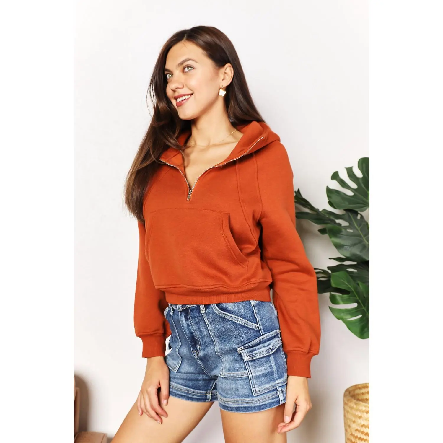 Double Take Half-Zip Long Sleeve Cropped Hoodie
