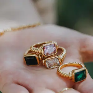 Gold Signet Statement Ring, Chunky Baguette Gemstone Ring, Stackable Solitaire, Emerald Twisted Band, Christmas Jewelry Gift