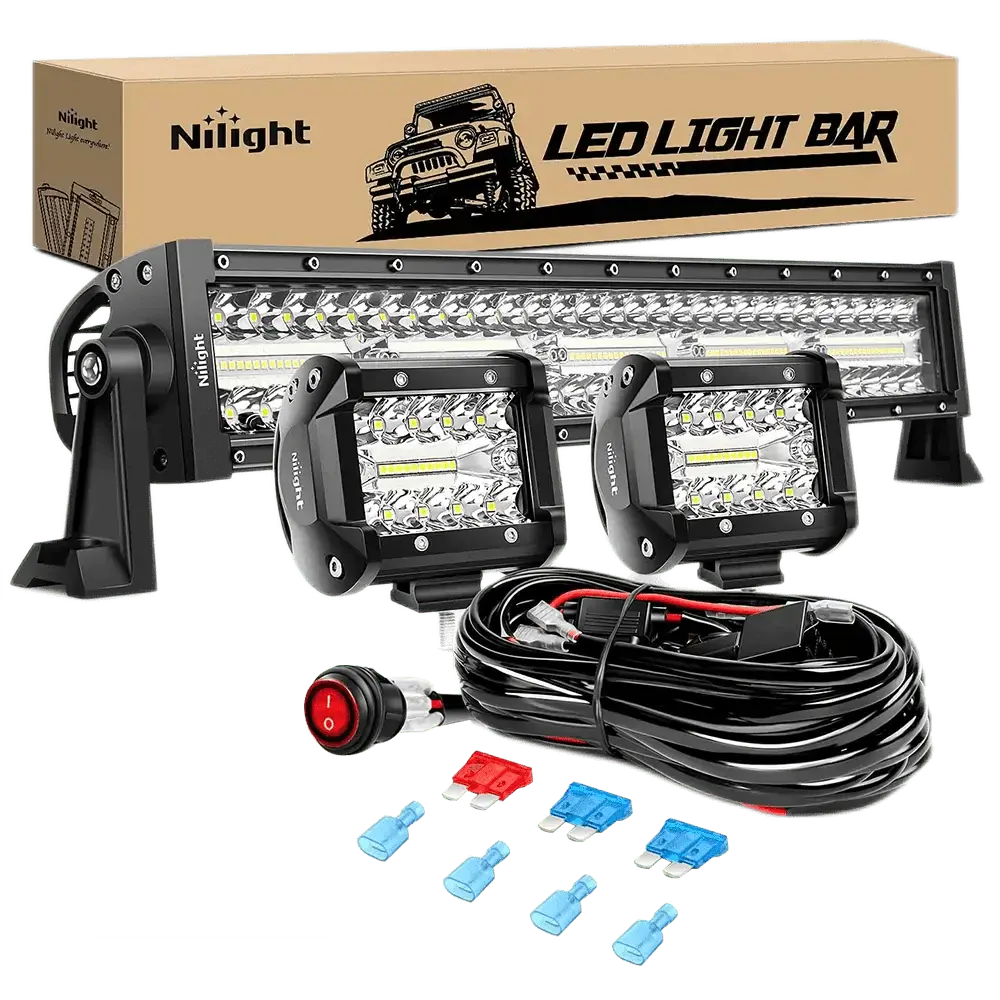 Nilight 22 Inch 480W Triple Row Spot Flood LED Light Bar | 2Pcs 4 Inch 60W LED Pods | 12FT Wire 3Pin Switch 3 Leads,car accessories
