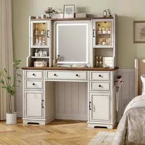 43.5" W Farmhouse Vanity Desk with Mirror and Lights, Large Makeup Table Set with RGB Cabinets, 5 Drawers and 6 Storage Shelves Dressing Table for Bedroom Dressing Room