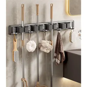 Adjustable Broom Holder Storage Wall Mount Tool Bar with 4 Clips And 5 Hooks Aluminum Alloy
